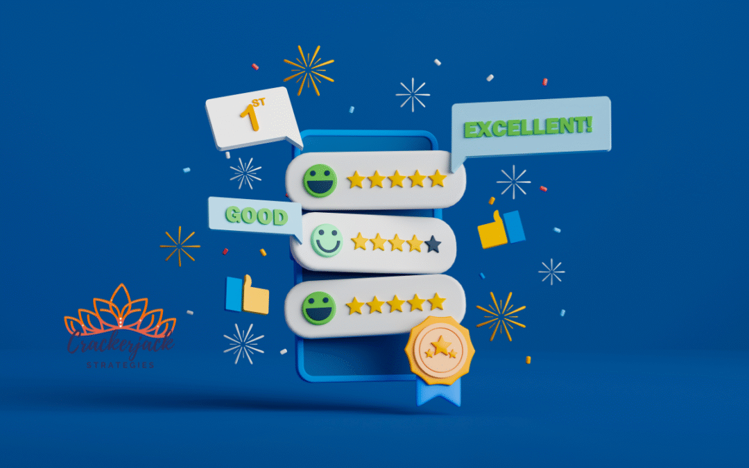 Happy customer leaving a 5-star rating on a smartphone, symbolizing the impact of customer reviews on business growth.