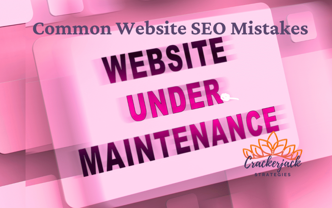 Magnifying glass highlighting website SEO mistakes on a digital screen with SEO icons and error warnings.