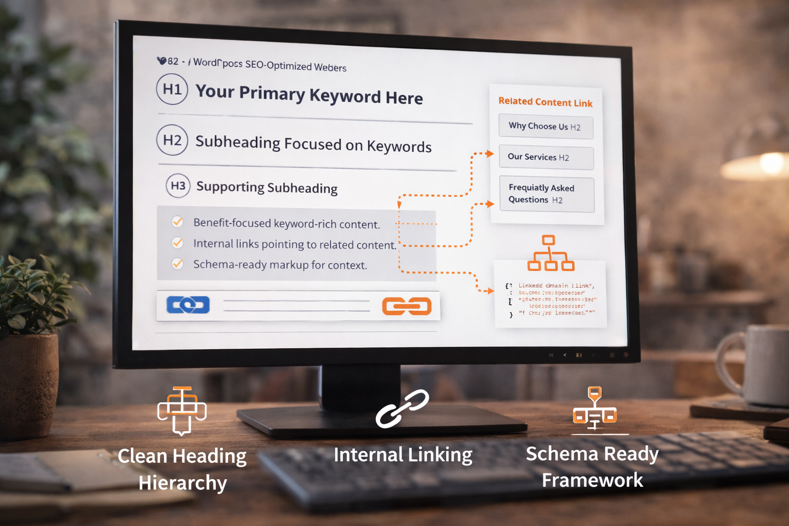 SEO graphic with the term “Search Engine Optimization” surrounded by phrases like keyword research, content writing, website optimization, and link building.