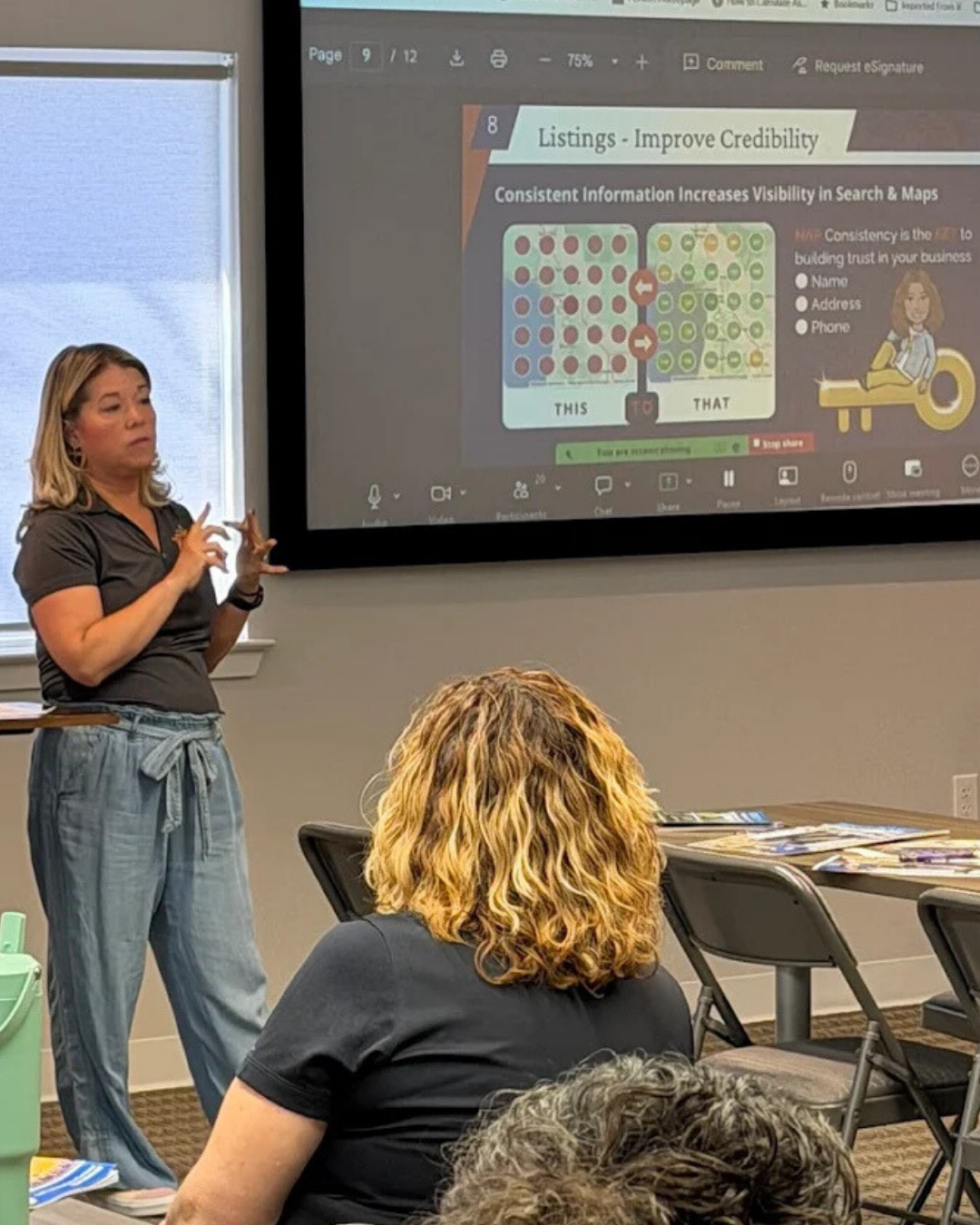 Jackie Clendenen from Crackerjack Strategies presenting a local digital marketing workshop at an Alignable networking event in Arroyo Grande, CA.